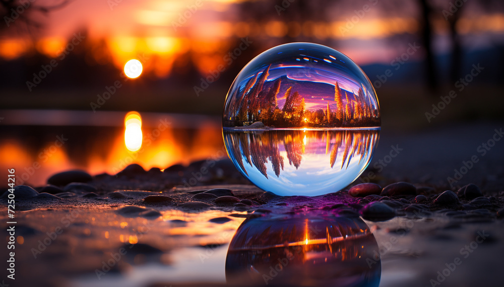 Shiny sphere reflects sunset beauty on tranquil water generated by AI Shiny sphere reflects sunset beauty on tranquil water generated by AI