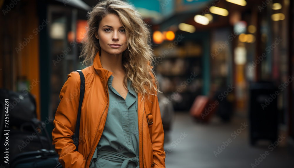 Young woman in casual clothing, walking confidently in the city generated by AI