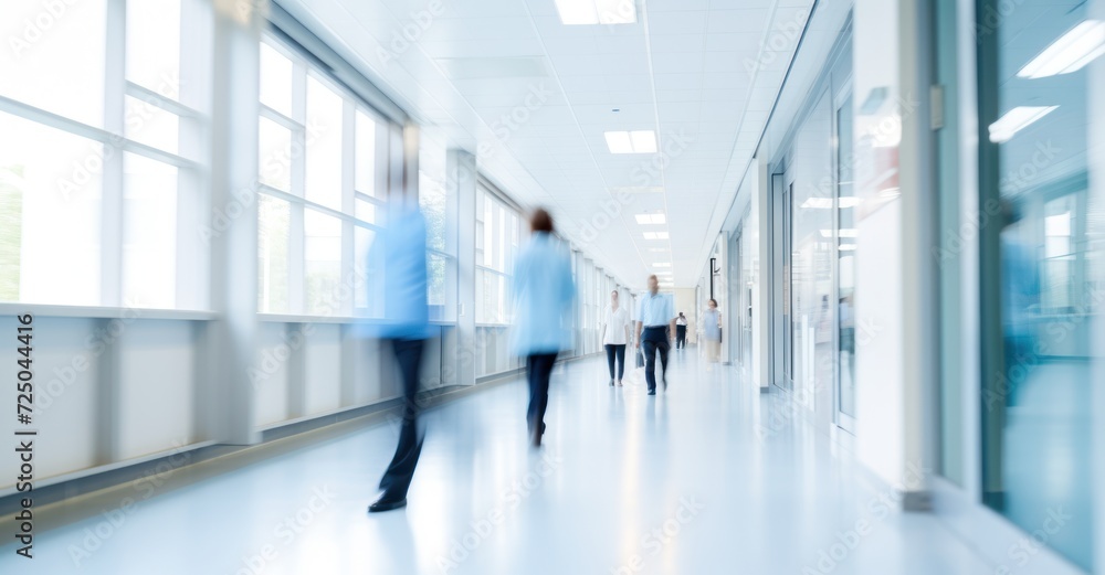 Long-exposure shot of a bustling hospital corridor, showcasing healthcare professionals' dedication. Long-exposure shot of a bustling hospital corridor, showcasing healthcare professionals' dedication.