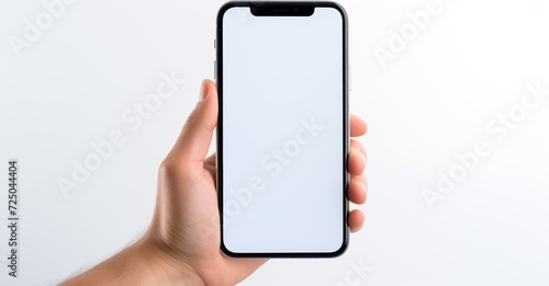Hand holding smartphone with blank screen in minimalist setting, highlighting connectivity and technology