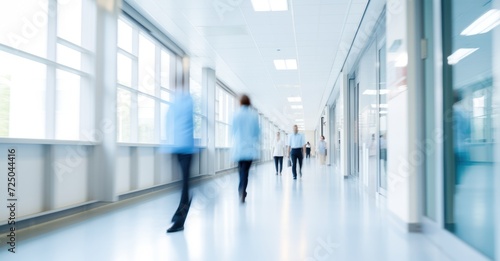 Long-exposure shot of a bustling hospital corridor, showcasing healthcare professionals' dedication."