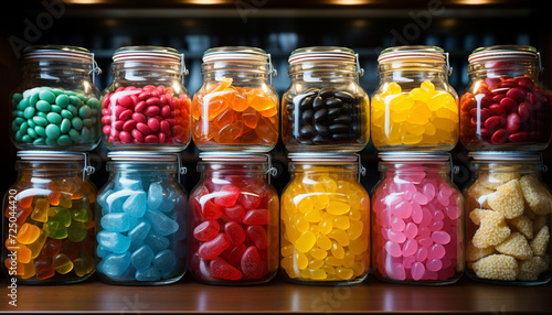 Variety of colorful candies in glass jars generated by AI