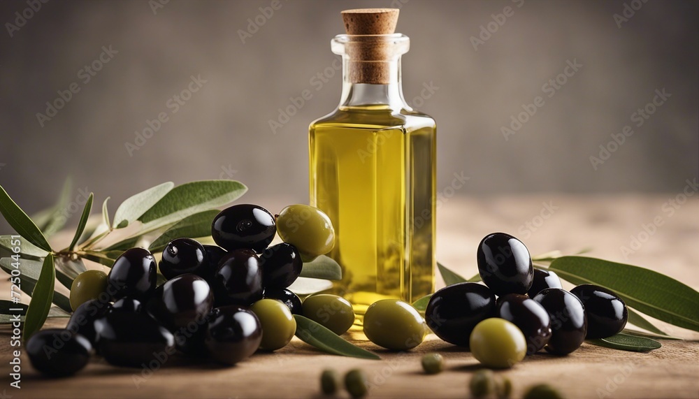 a bottle of olive oil and olives
a bottle of olive oil and olives