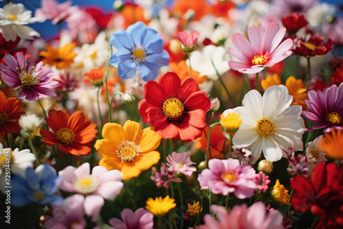 A lively field of wildflowers in full bloom, offering a vibrant and cheerful background for text related to nature and positivity. Generative Ai.