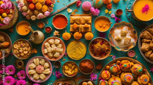 Assorted Traditional Indian Sweets and Dishes Arranged for Holi Festival