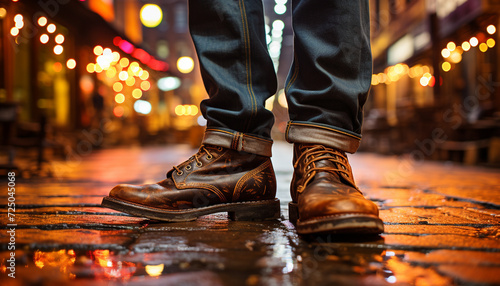 Young adult walking in the city wearing leather boots at night generated by AI