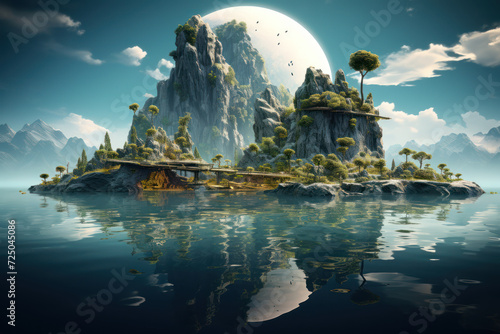 A surreal, abstract landscape with floating islands and dreamlike elements, creating an imaginative background for creative and artistic text. Generative Ai. © Sebastian