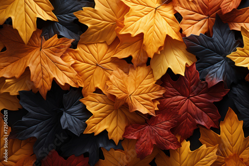 A pattern of overlapping autumn leaves in various shades, setting a cozy and seasonal backdrop for text associated with fall and harvest. Generative Ai.