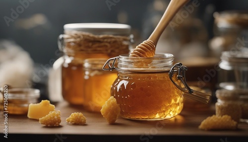 a jar of strained honey and honeycomb decor
 photo