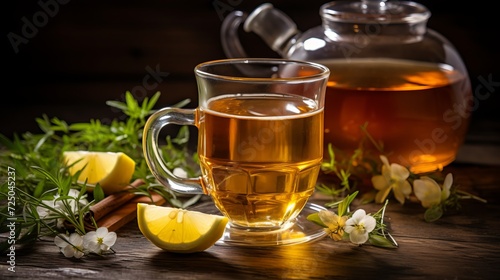 Chamomile tea and daisies composition with copy space and natural elements for relaxation and text