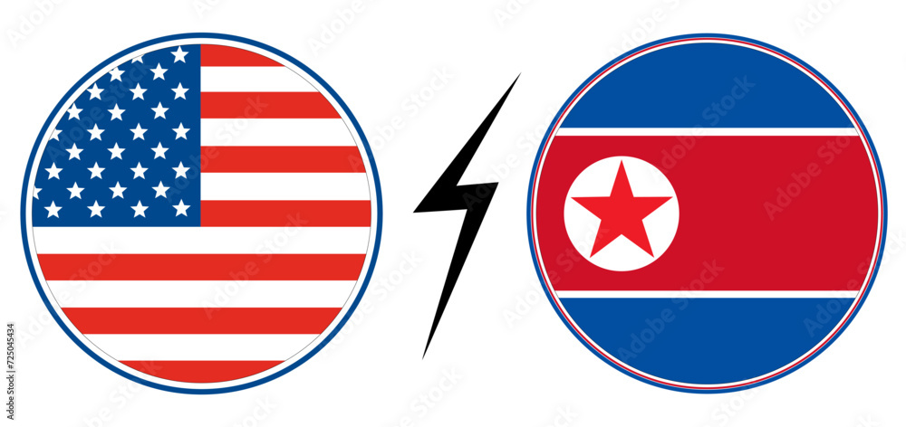 Obraz premium USA vs North Korea. Flag of United States of America and North Korea in circle shape