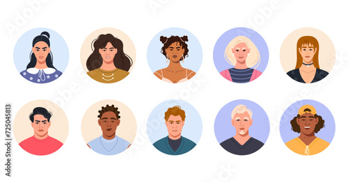 The faces of modern stylish people of different nationalities in circles. A set of avatars, portraits of female and male characters. Bright vector illustration in a flat style
