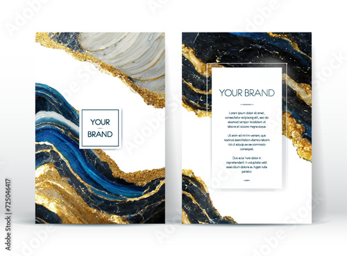 Modern cover design set. Creative artistic pattern with golden brush stroke, paint drop (stain) on green and white background. Marble effect. Luxury vector art for flyer, poster, notepad, brochure