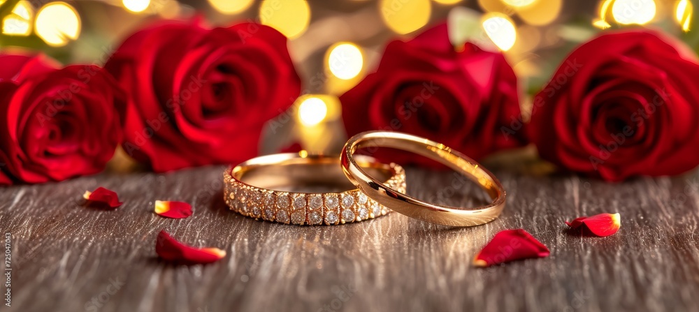 Red and gold wedding rings with vibrant red roses and bokeh lighting, space for text Red and gold wedding rings with vibrant red roses and bokeh lighting, space for text