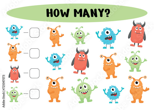 How many monsters? Mathematical game for preschoolers. Counting game for preschool children. Educational math game. Vector illustration © Mariana