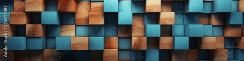 Panorama of wooden blocks in random, abstract pattern with varying grains and wood types photo