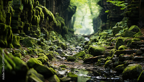 Tranquil scene of green forest  flowing water generated by AI