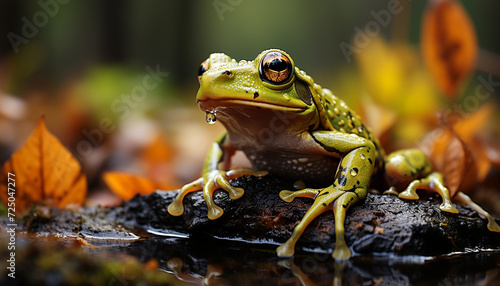 A cute toad sitting on a wet leaf generated by AI