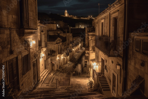 Midnight Glow: Matera's Enigmatic Narrow Alleyways. Ai generated.