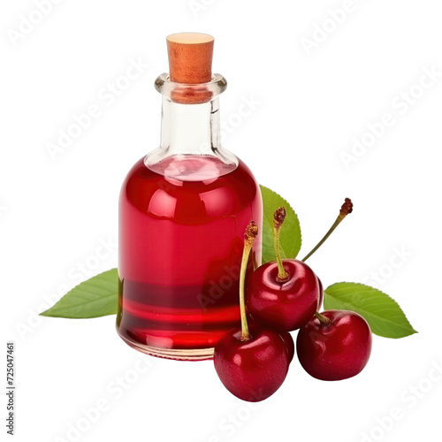 fresh raw organic sweet cherry oil in glass bowl png isolated on white background with clipping path. natural organic dripping serum herbal medicine rich of vitamins concept. selective focus photo