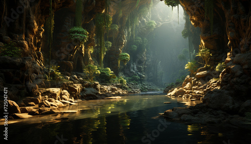 Tranquil scene of green forest near flowing water generated by AI