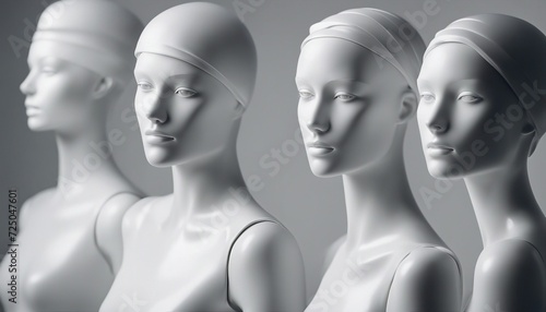 ensemble of inanimate mannequins, isolated white background 