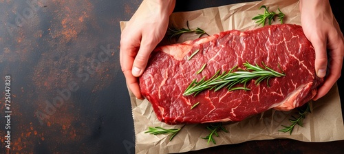 Butcher s hands holding a juicy, raw beef steak with vibrant red color, ideal for text placement. photo