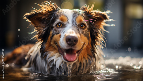 Cute puppy sitting outdoors, wet and playful, looking at camera generated by AI © Stockgiu