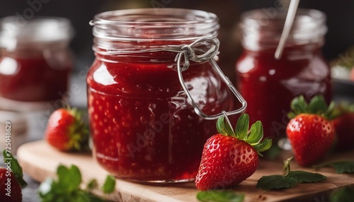 fresh strawberry jam, on the decorated kitchen counter 