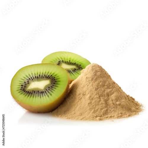 close up pile of finely dry organic fresh raw kiwi powder isolated on white background. bright colored heaps of herbal, spice or seasoning recipes clipping path. selective focus photo