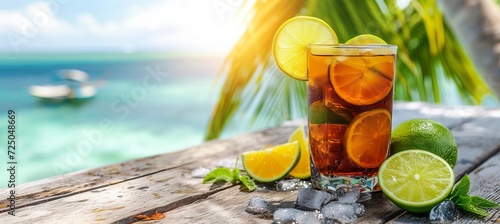 Tropical long island iced tea cocktail with blurred beach background and copy space