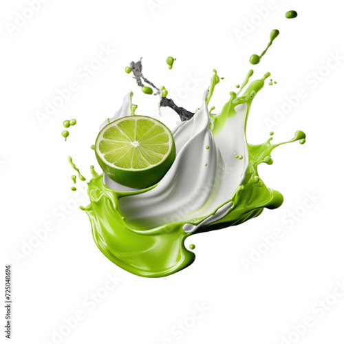 realistic fresh ripe green lime with slices falling inside swirl fluid gestures of milk or yoghurt juice splash png isolated on a white background with clipping path. selective focus photo
