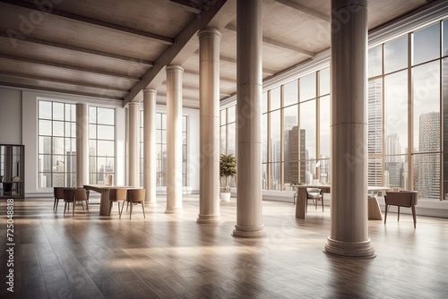 A spacious office with columns that serves as the negotiation room