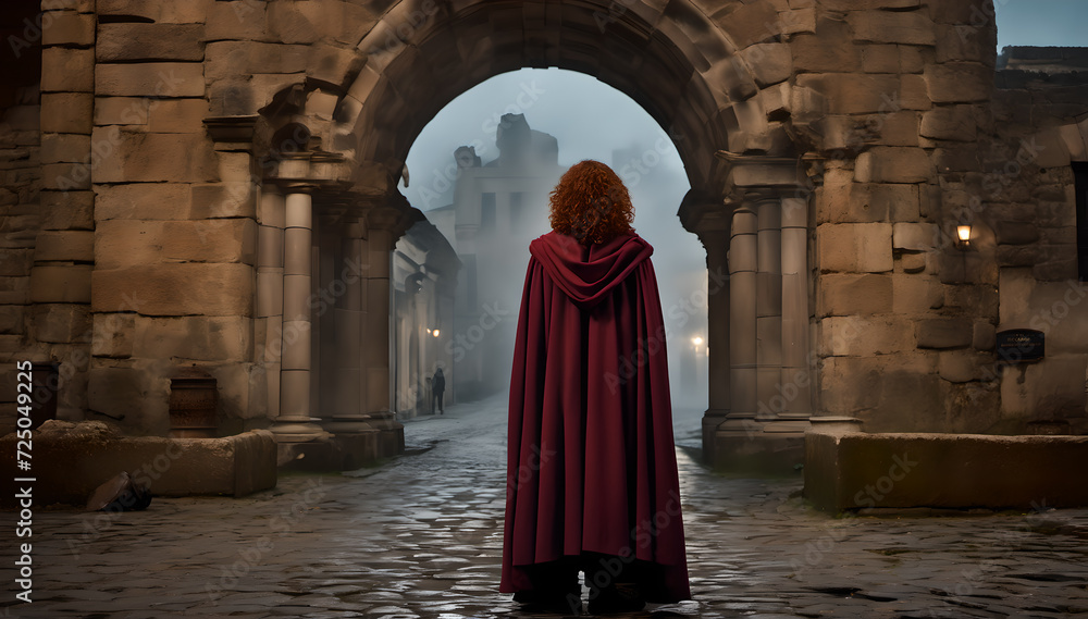 a mysterious woman in a coat walking through a gate towards a mysterious medieval city