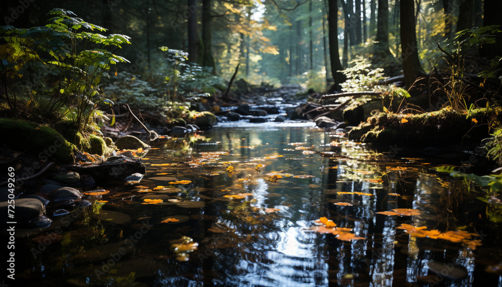 Tranquil scene of autumn forest reflects in pond generated by AI Tranquil scene of autumn forest reflects in pond generated by AI
