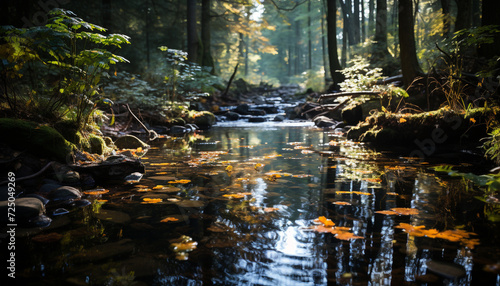 Tranquil scene of autumn forest reflects in pond generated by AI