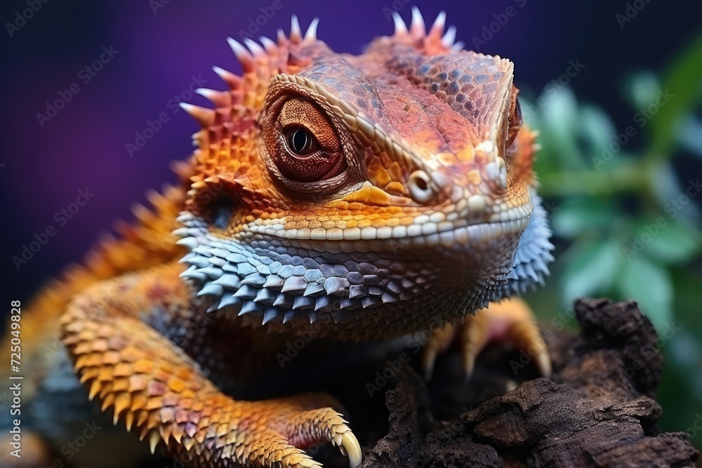 Obraz premium A close-up photograph showcasing the vibrant colors and vivid eyes of a lizard, creating an eye-catching image