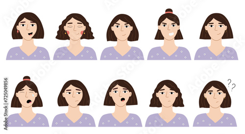 Set of woman's faces with different emotions. Modern vector illustration with neutral, negative and positive emotions