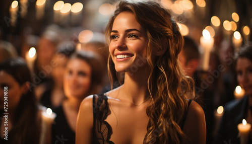 Young women smiling  enjoying nightlife  celebrating in illuminated nightclub generated by AI