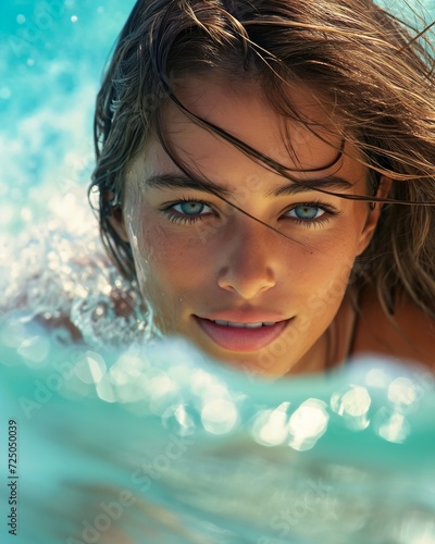 woman bikini laying surfboard deep stunning eyes pisces muck face princess photo