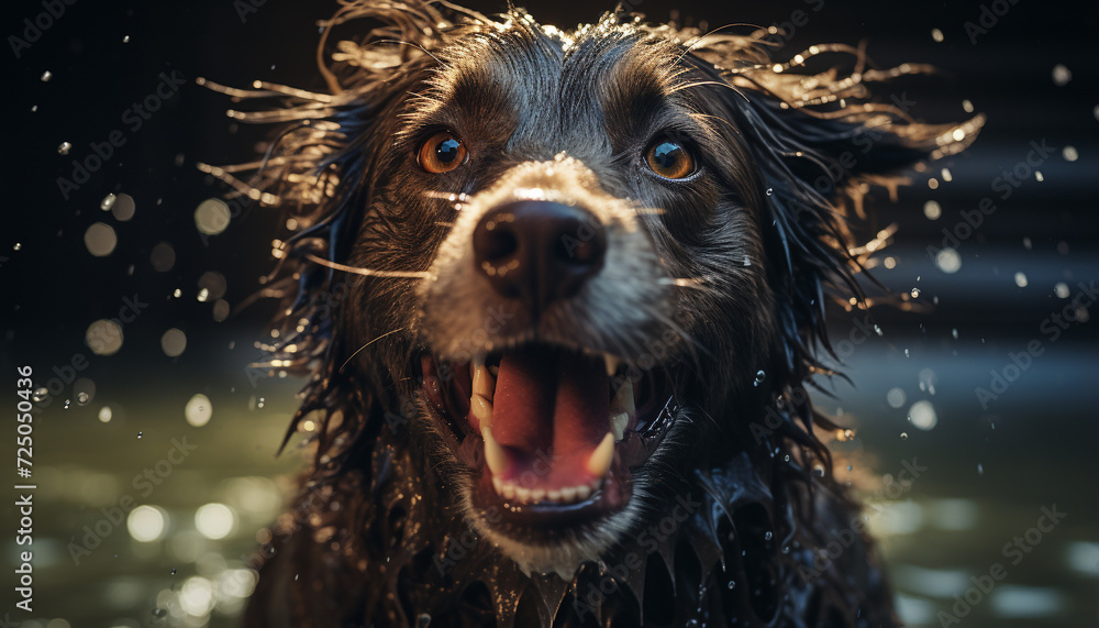 Cute wet puppy, drenched in rain, smiling at camera generated by AI