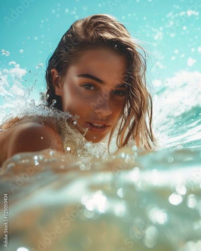 woman bikini laying surfboard ocean stunning wet liquid young avatar dissolving uniquely