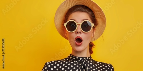 Stylish woman with surprised mysterious expression, looks asdie, wears stylish summer shades, hat and polka dot blouse, isolated over yellow background with copy space for your text.