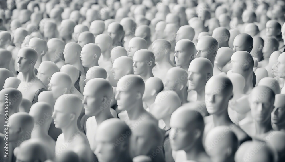 Obraz premium hundreds of inanimate male mannequins side by side, isolated white background 