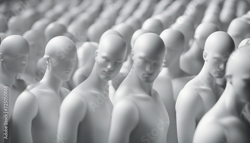 hundreds of inanimate male mannequins side by side, isolated white background 