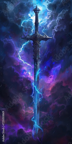 closeup sword lightning sky cool purple slate blue lighting diablo wold holding sacrificial dagger stormy weather tall cross necro morgana
