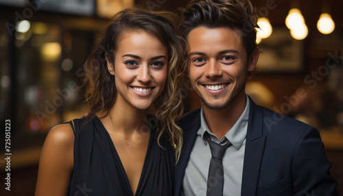 Smiling young adults in love, embracing, enjoying coffee shop flirtation generated by AI