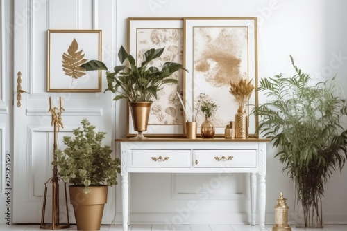 An attractive and retro home interior features a mock up poster frame  an antique cabinet with fine gold accents  and plants in fashionable pots. cozy interior design. a minimalistic idea. Template. A