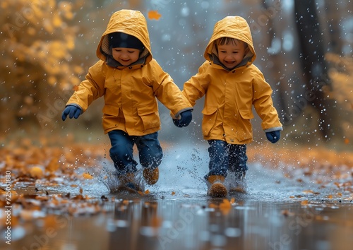 two little kids yellow raincoats playing rain autumn color city twins portrait characters walk cute animals blue liquid snow interconnections walking away golden