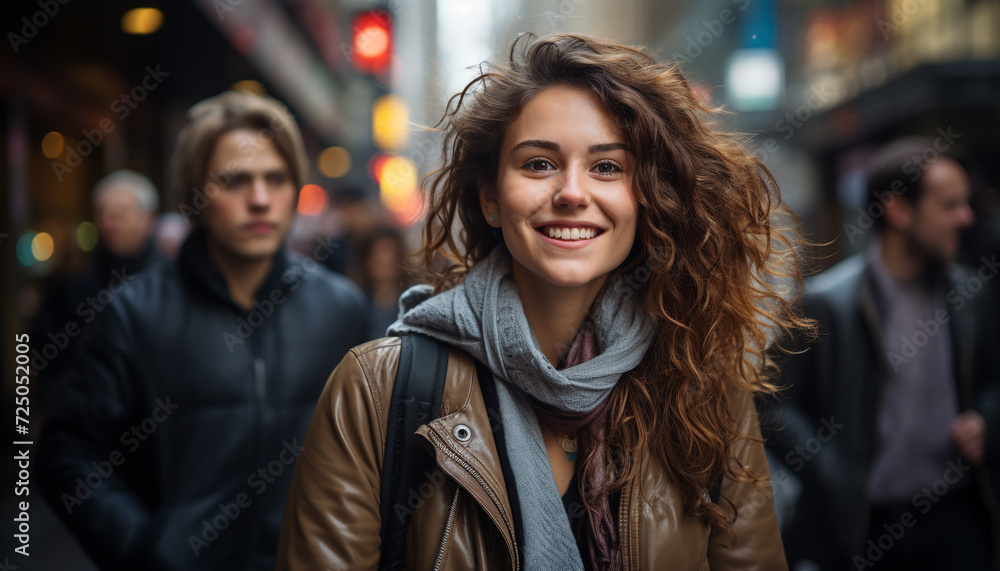Young couple walking in the city, smiling and happy generated by AI Young couple walking in the city, smiling and happy generated by AI